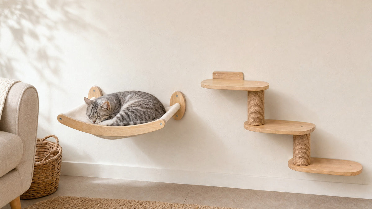 AI room illustration: a grey tabby rests in a wall hammock beside a stepping course.