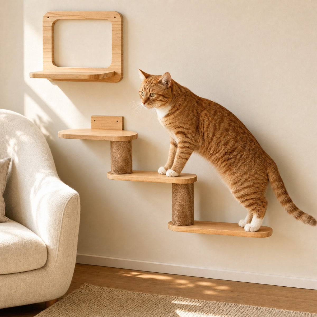 AI room illustration: a ginger cat on three stepped platforms beneath an open frame shelf.