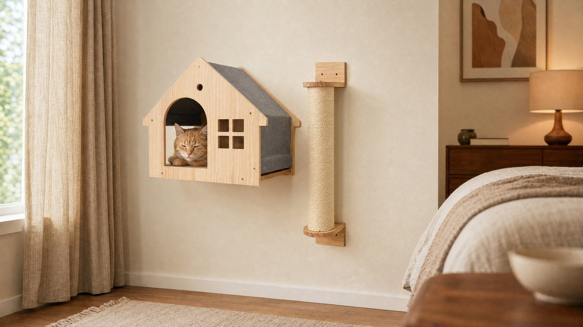 AI room illustration: a ginger cat rests at an arch-door wall house in a warm bedroom.