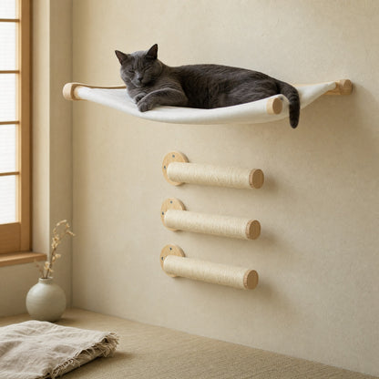 AI room illustration: a charcoal cat in a canvas hammock above three wrapped wall cylinders.