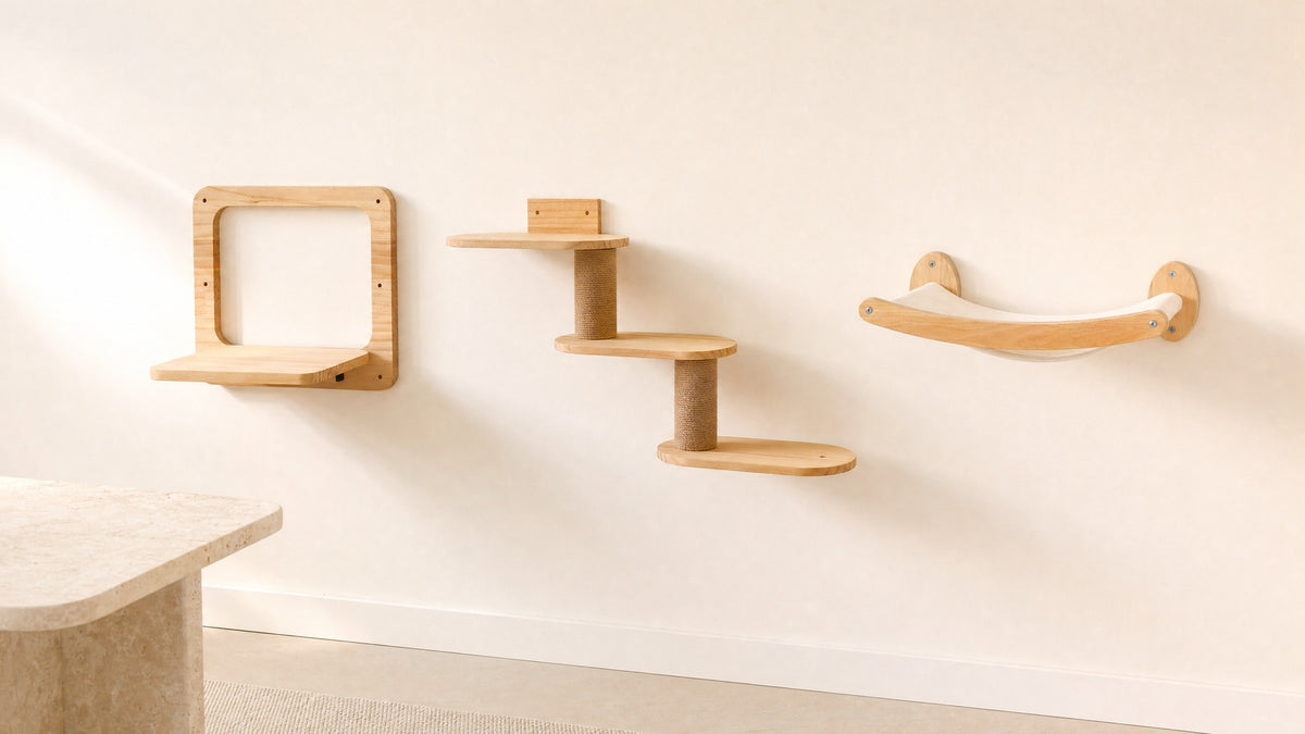 AI layout illustration: open frame shelf, three-platform staircase and curved hammock on a cream wall.