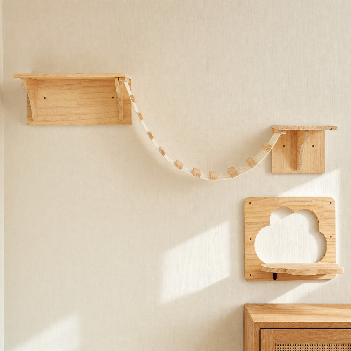 AI layout illustration: two shelves joined by a slat bridge beside an open cloud-shaped perch.
