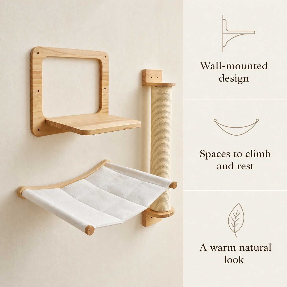 Design illustration: wall-mounted design; spaces to climb and rest; a warm natural look.